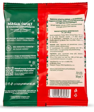 CRISPY NATURAL JABŁKA Suszone chipsy z jabłek pomarańczowo-korzenne 50g