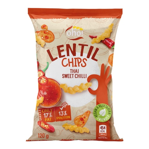 Oho Chipsy z czerwonej soczewicy o smaku tajskiego słodkiego chilli 120g