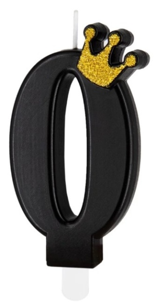 PartyPal Świeczka urodzinowa czarna ze złotą koroną cyfra 0