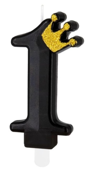 PartyPal Świeczka urodzinowa czarna ze złotą koroną cyfra 1