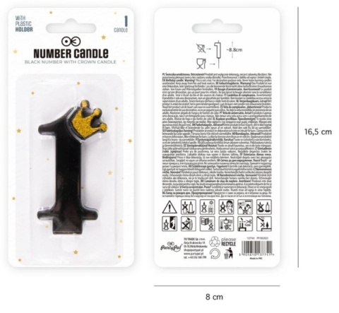 PartyPal Świeczka urodzinowa czarna ze złotą koroną cyfra 1