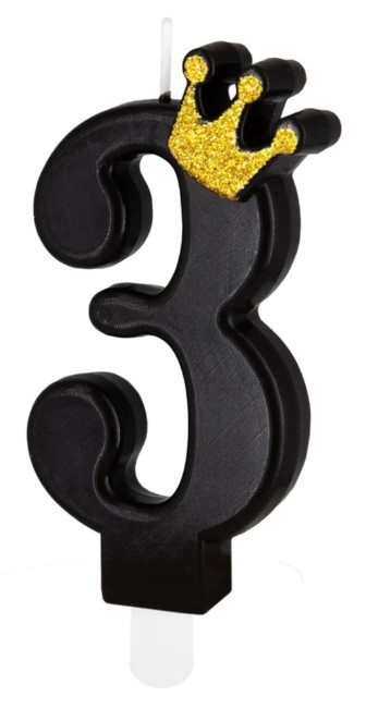 PartyPal Świeczka urodzinowa czarna ze złotą koroną cyfra 3