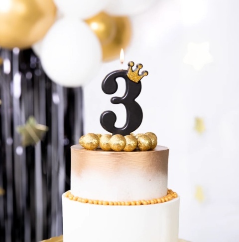 PartyPal Świeczka urodzinowa czarna ze złotą koroną cyfra 3