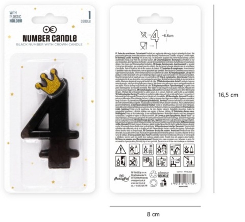 PartyPal Świeczka urodzinowa czarna ze złotą koroną cyfra 4