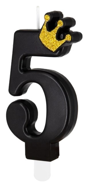 PartyPal Świeczka urodzinowa czarna ze złotą koroną cyfra 5