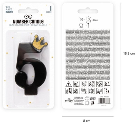 PartyPal Świeczka urodzinowa czarna ze złotą koroną cyfra 5