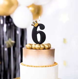 PartyPal Świeczka urodzinowa czarna ze złotą koroną cyfra 6