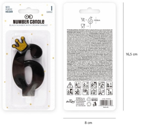 PartyPal Świeczka urodzinowa czarna ze złotą koroną cyfra 6