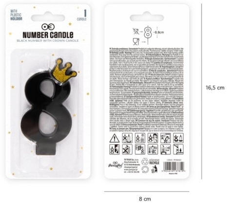 PartyPal Świeczka urodzinowa czarna ze złotą koroną cyfra 8