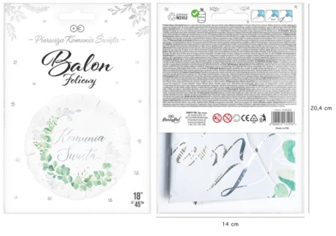 PartyPal Balon foliowy Komunia Święta Eukaliptus srebrny 45cm