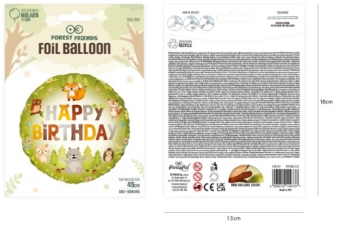 PartyPal Balon foliowy Happy Birthday Leśni przyjaciele 45cm