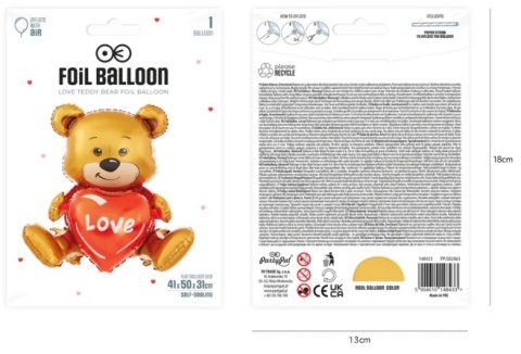 PartyPal Balon foliowy Miś siedzący z sercem love 41x50x31cm