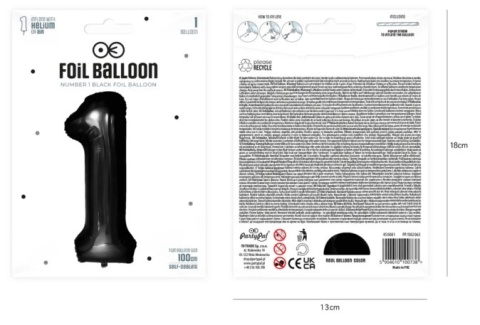 PartyPal Balon foliowy cyfra 1 czarny 100cm