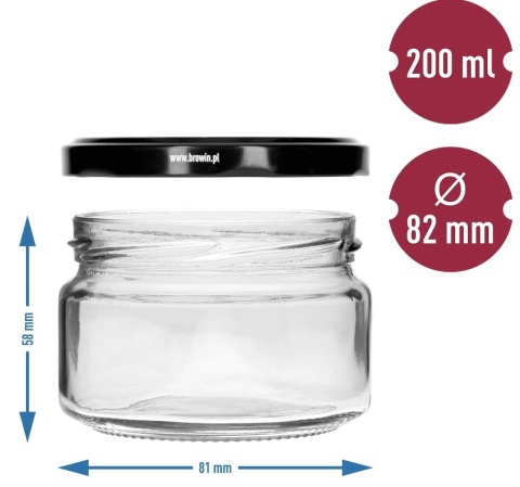BROWIN Słoik niski 200ml czarna zakrętka fi82/6 6szt