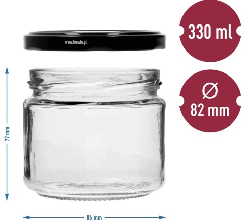 BROWIN Słoik niski 330ml czarna zakrętka fi82/6 6szt