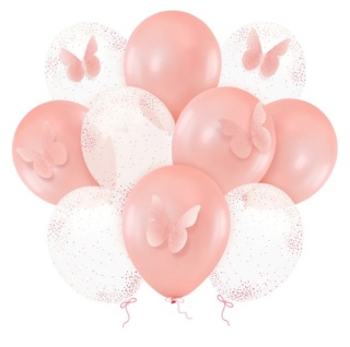 PartyPal Balony z motylami i konfetti rose gold 12cali 10szt.