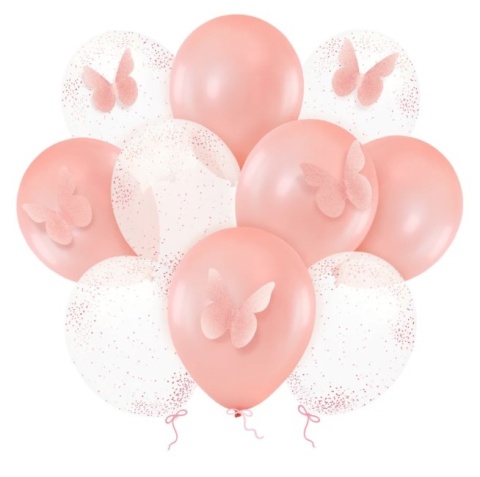 PartyPal Balony z motylami i konfetti rose gold 12cali 10szt.