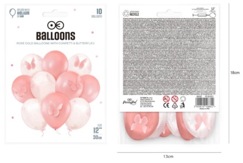 PartyPal Balony z motylami i konfetti rose gold 12cali 10szt.