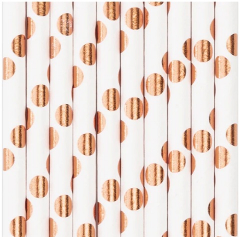 PartyPal Słomki białe w kropki rose gold 10szt.