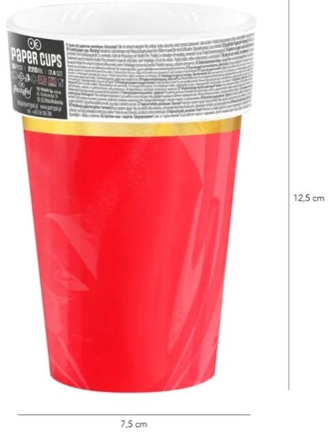 PartyPal Kubek czerwony Classic Gold 220ml 6szt